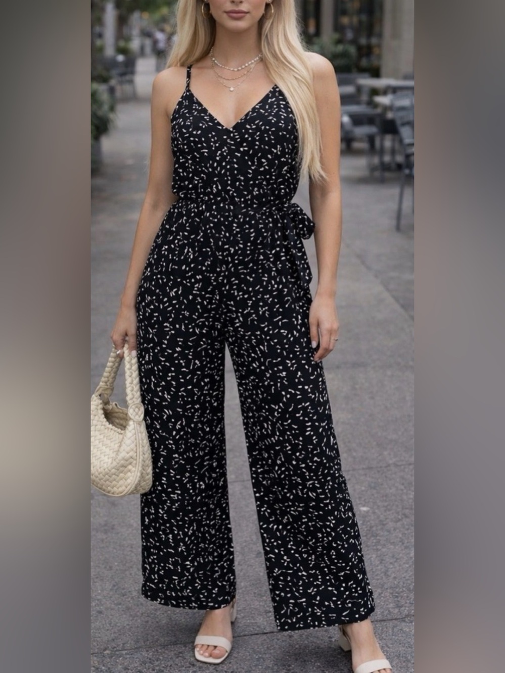 Kaileigh Black Printed Wide-Leg Jumpsuit with Spaghetti Straps